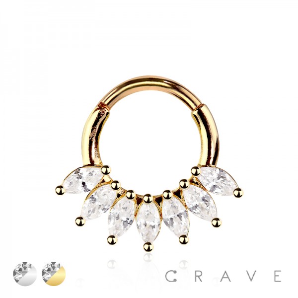 316L SURGICAL STEEL MULTI CZ MARQUISE FAN ARCH LINE SEPTUM HINGED SEGMENT HOOP RING